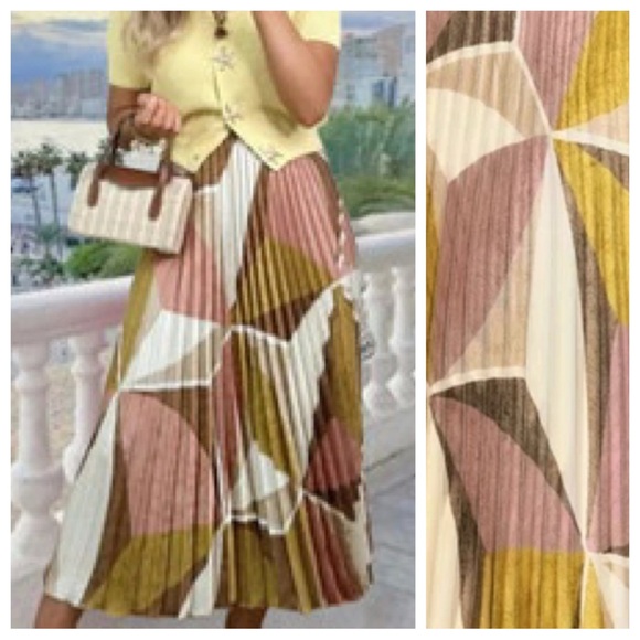 NWOT. Zara Multicolored Geometric Print Pleated Midi Skirt. Size XS. - Picture 3 of 9